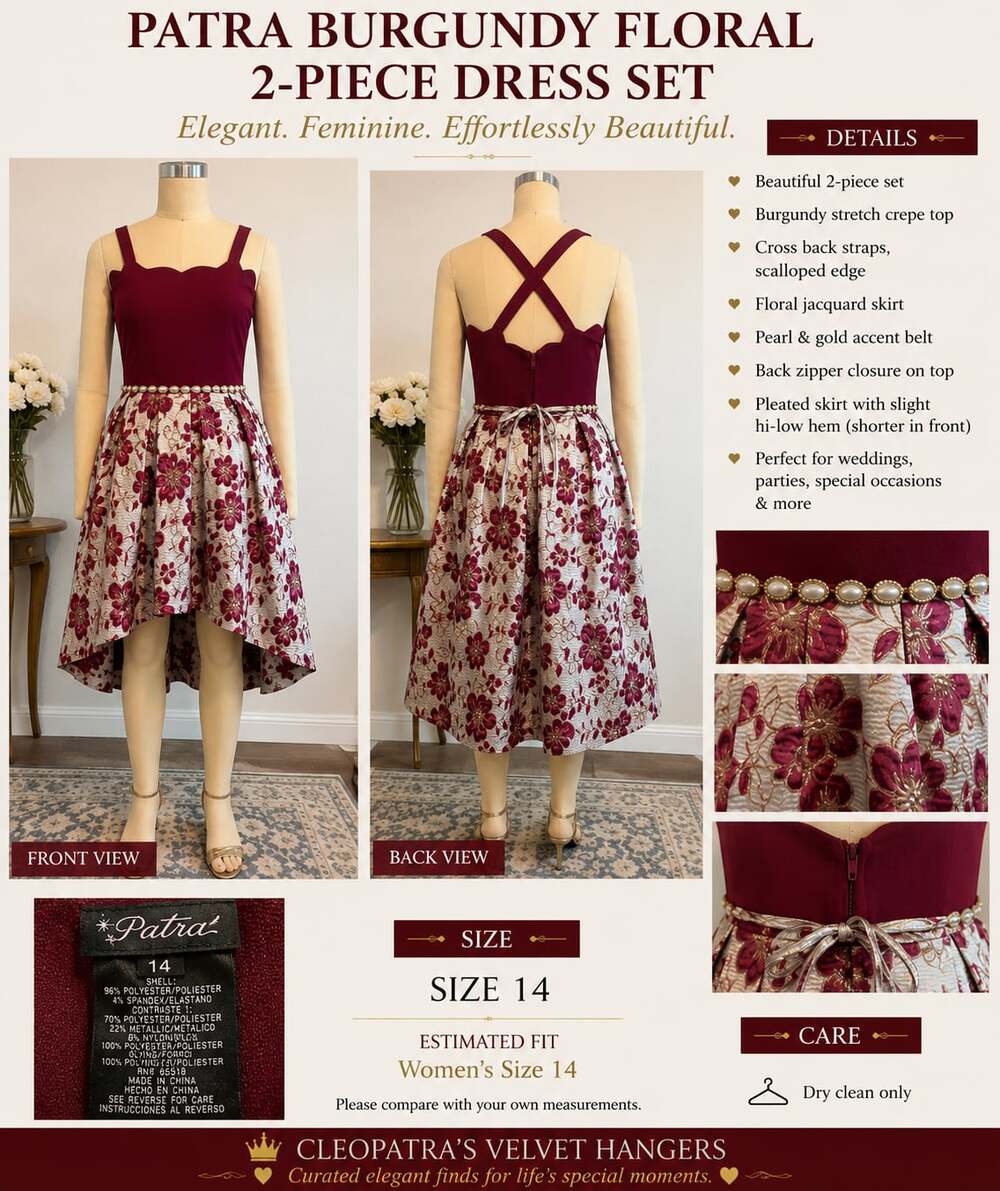 Xtraordinary 2-Piece Burgundy Scalloped Top and Floral Jacquard Hi-Low Skirt Set